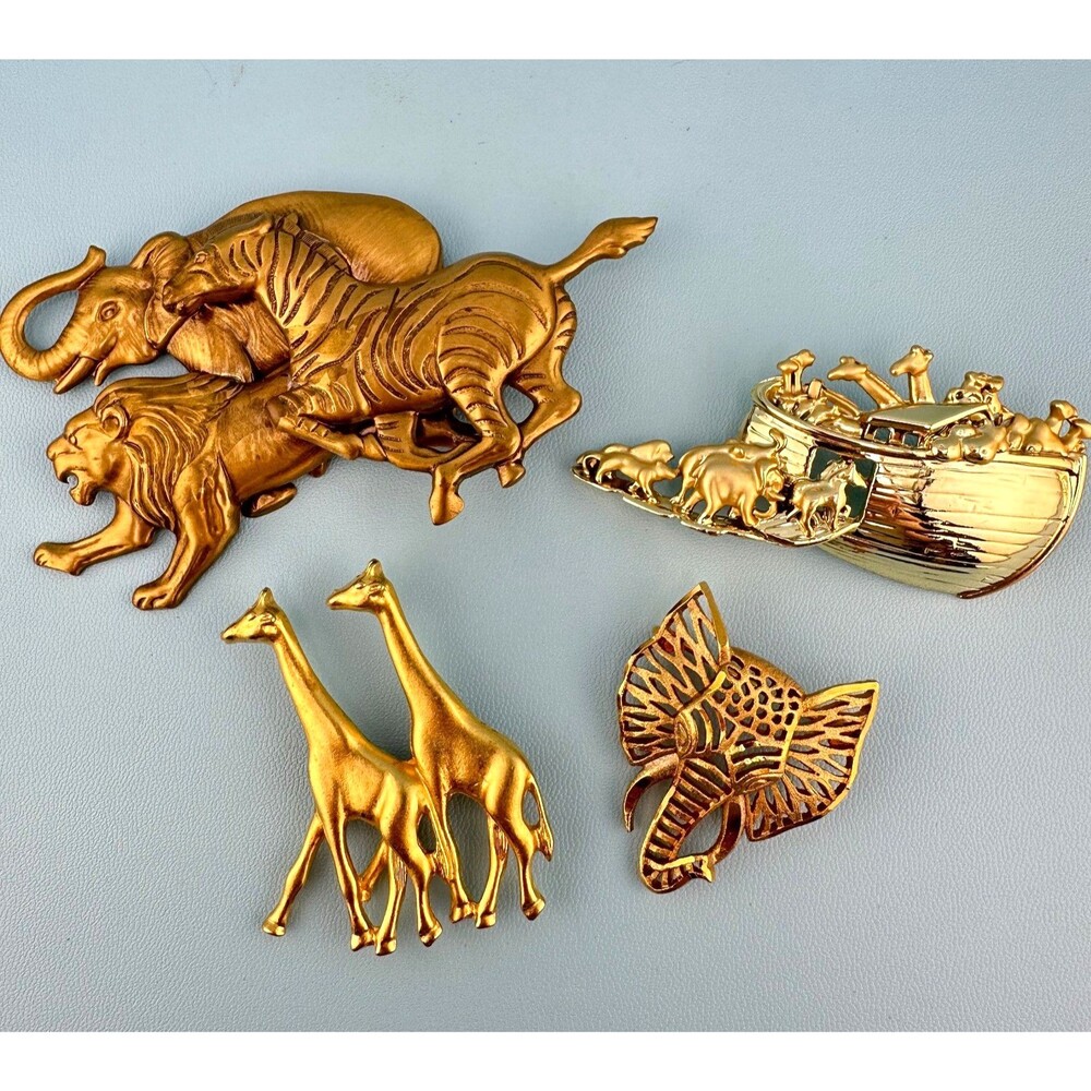Vintage Animal Brooch Pin Lot Gold Tone Elephant Giraffe Lion Zebra Noahs Ark